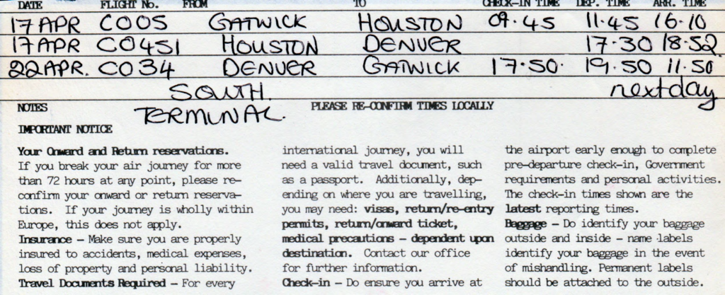 A nice hand-written flight itinerary!