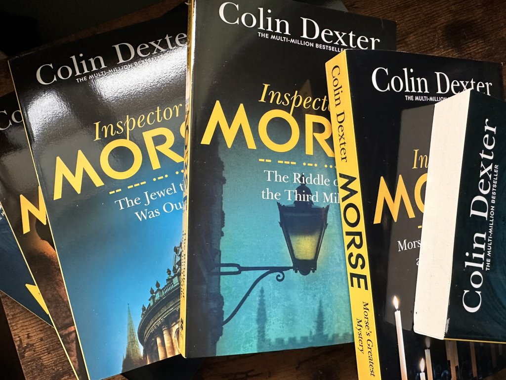 Assorted Colin Dexter paperbacks, on their way to Oxfam