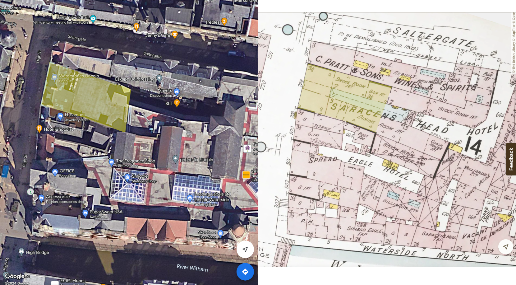 Contemporary Google Satellite view with Insurance Plan of Lincoln, Sheet 3, Chas E Goad Ltd 1902