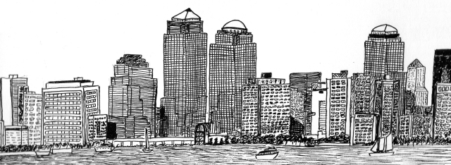 Sketch of the New York skyline from New Jersey